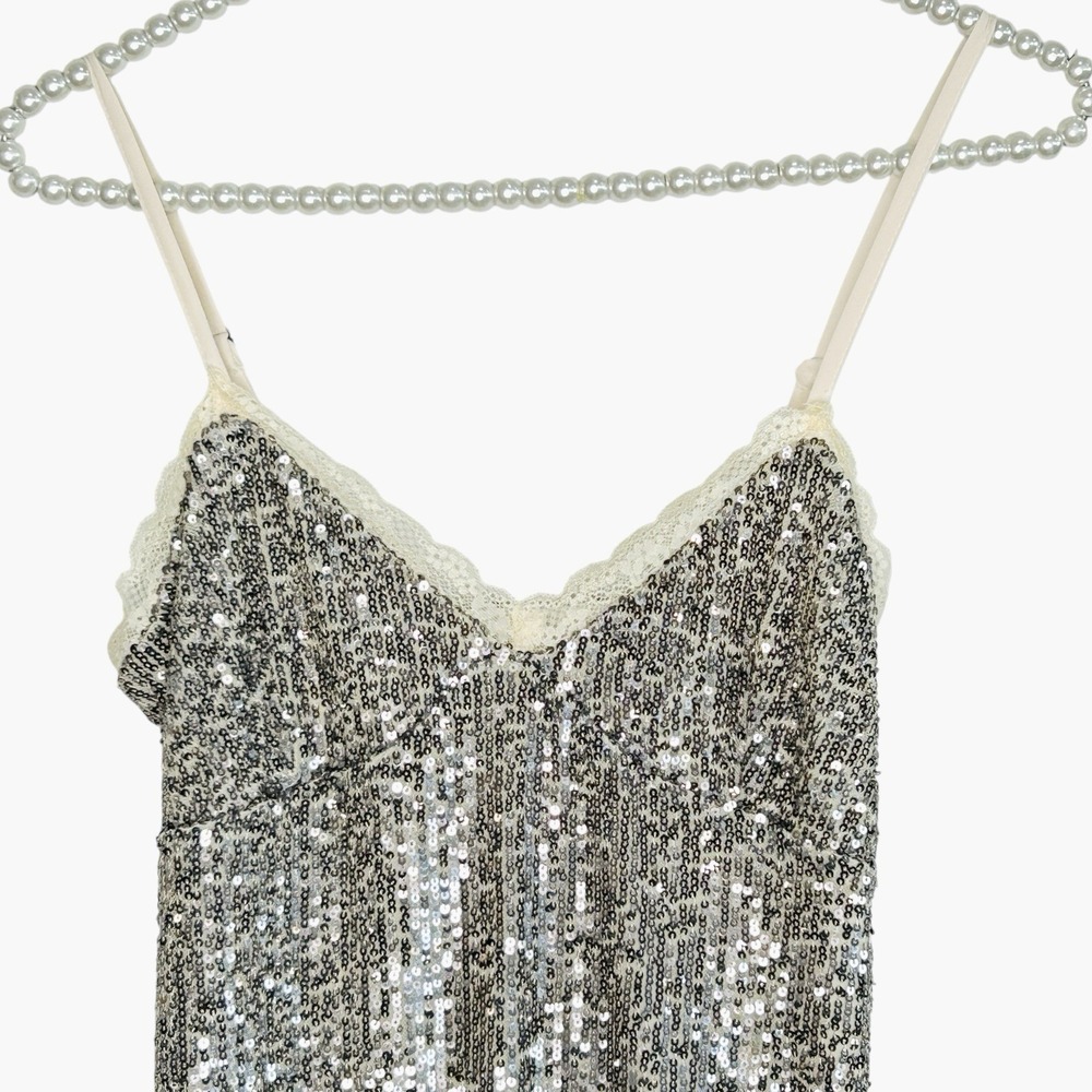 Y2k Sequin Babydoll Slip Dress XS Silver Fairy Mini Lace HOCO Holiday Party Club - Picture 3 of 9